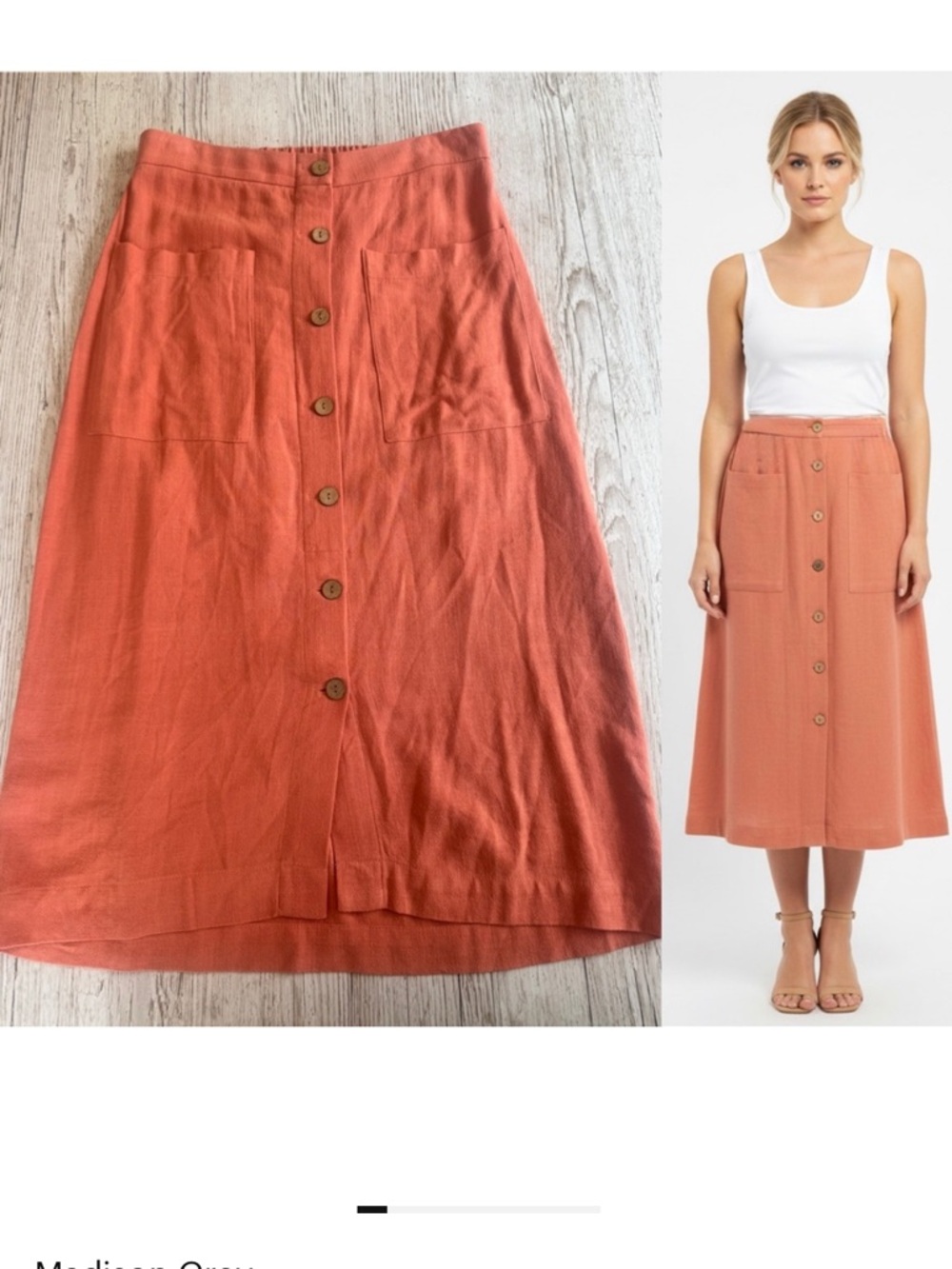 Madison Grey Linen Midi Skirt with Front Pockets & Wood buttons S